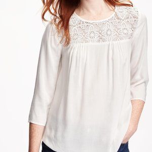 Crochet Yoke White Blouse 3/4 Sleeve Lace Shirt
